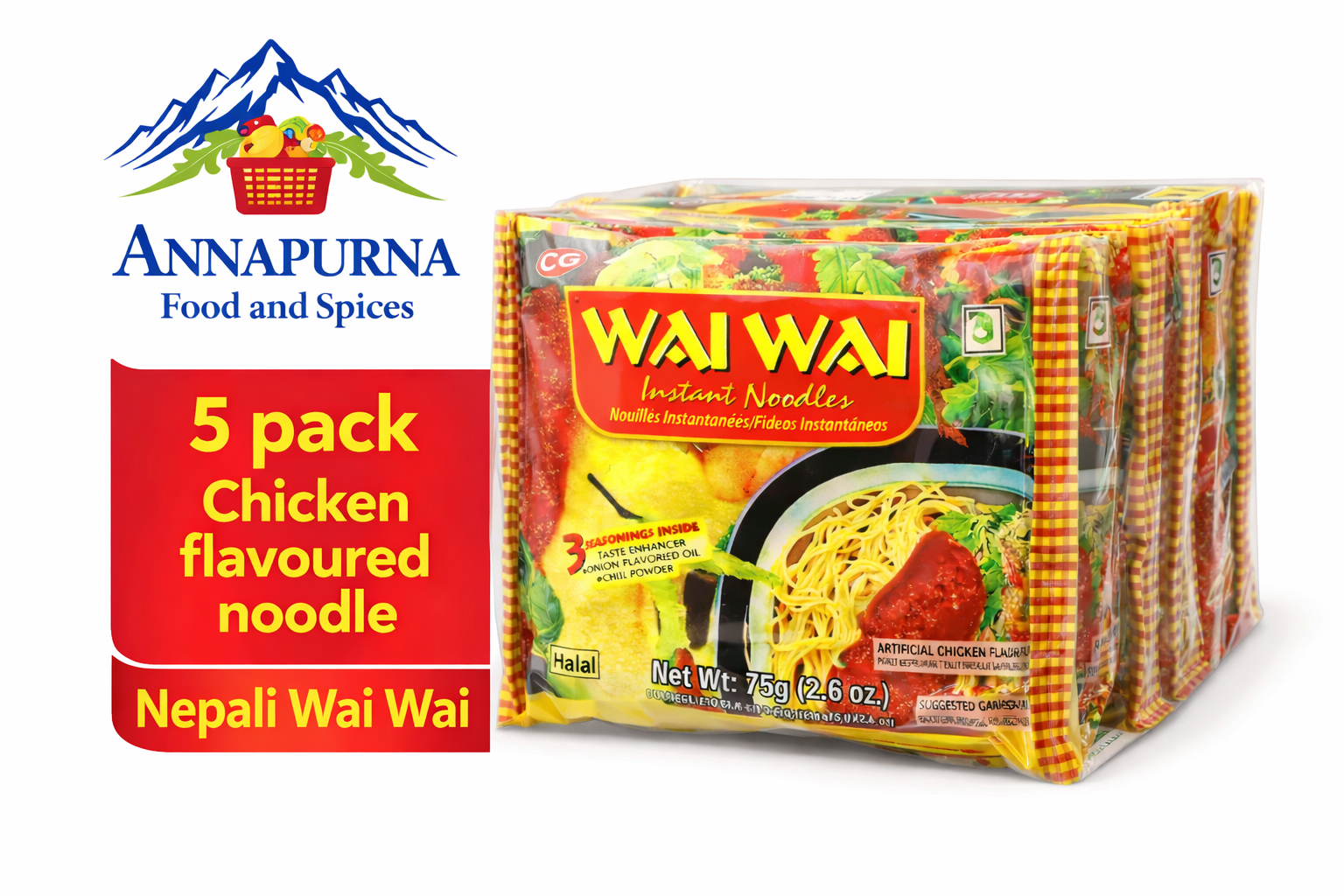 5 Pcs Wai Wai Chicken Flavored Noodles (Nepal) 