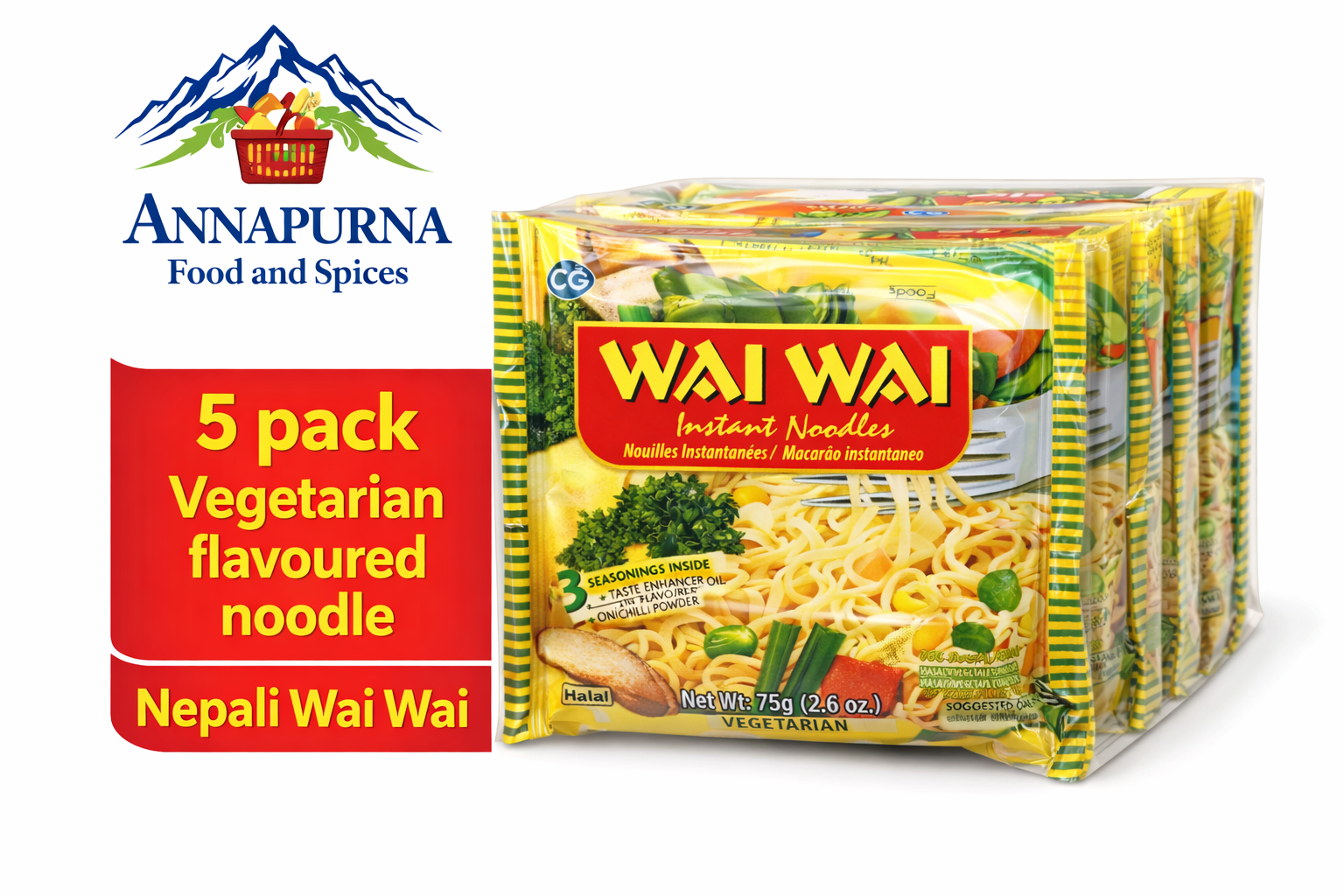  5 Pack Wai Wai Veg Flavored Noodles (Nepal) 