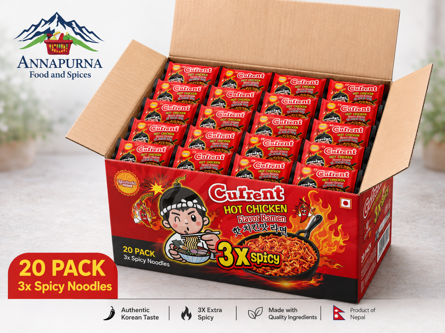 20 Pack CURRENT 3X Spicy Chicken Flavored Noodles 2200g